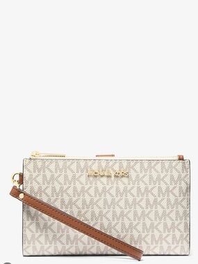Michael Kors Signature Logo Wristlet in Vanilla and Brown